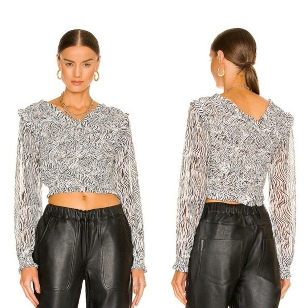 One Teaspoon Zebra Bardot Cross Over Top XS Smocked Ruffle Sheer Long Sleeve‎